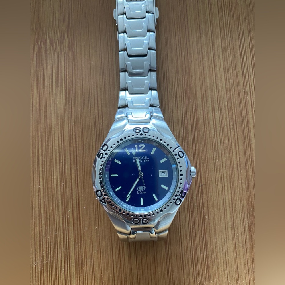 VINTAGE Fossil Blue Men's Watch AM-3421 – Stainless Steel, Blue Dial